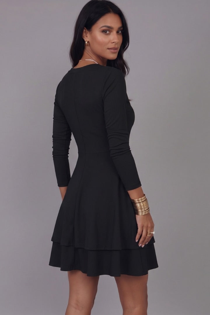 V Neck Long Sleeve Skater Dress