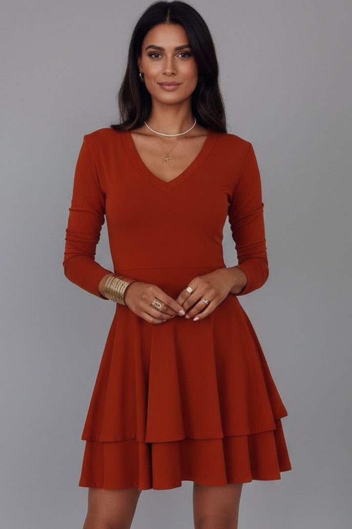 V Neck Long Sleeve Skater Dress - Orange