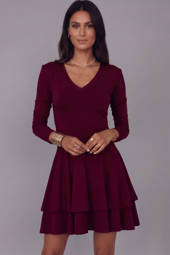 V Neck Long Sleeve Skater Dress - Wine Red