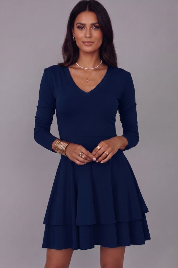 V Neck Long Sleeve Skater Dress - Dark Blue