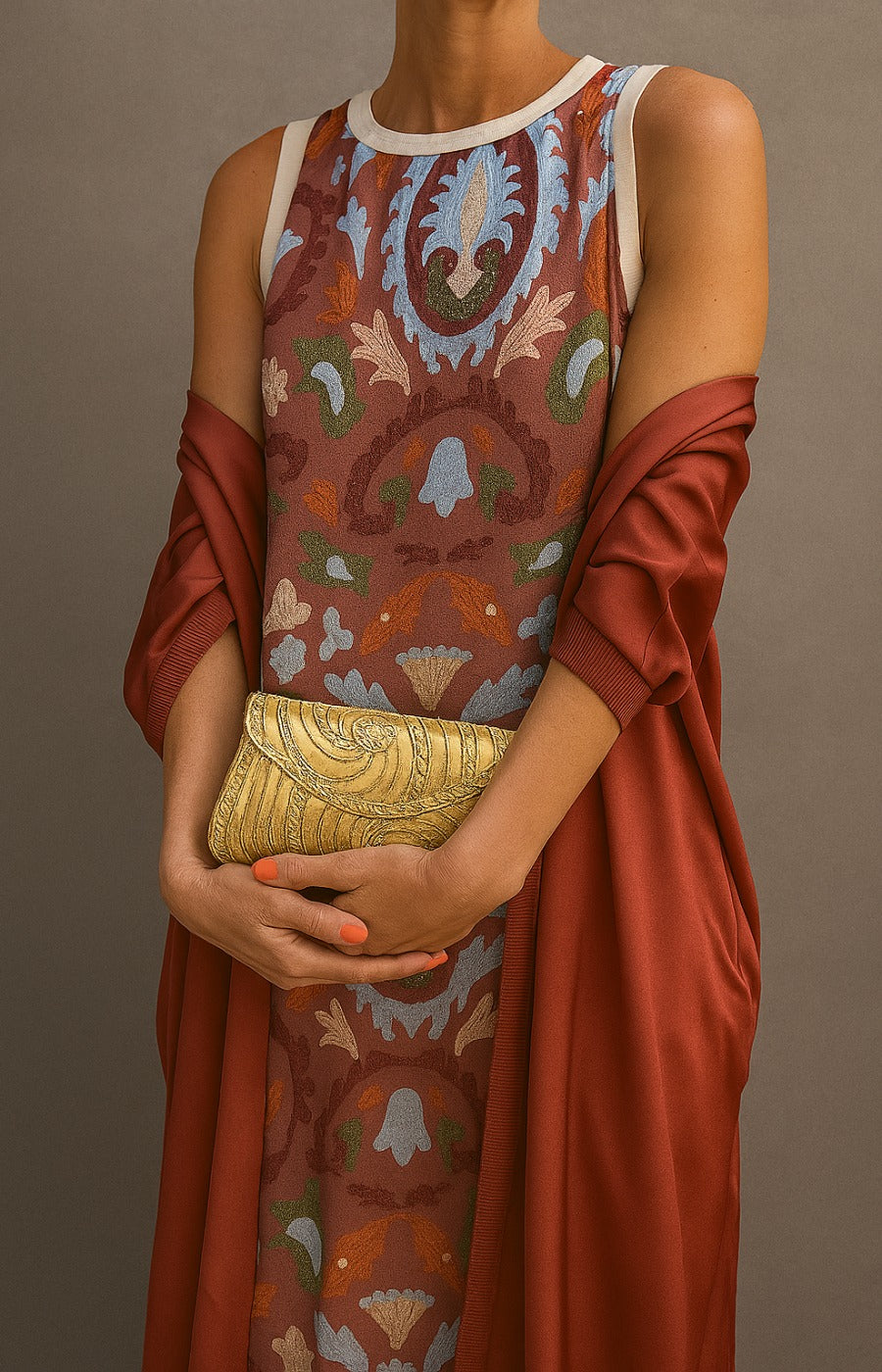 Sleeveless Printed Maxi Dress - Brown