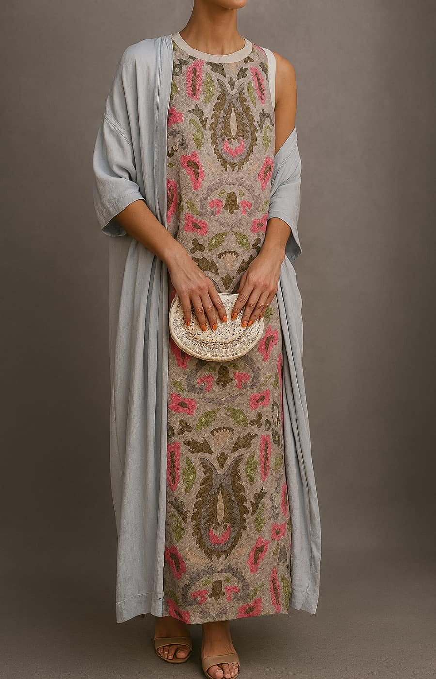 Sleeveless Printed Maxi Dress - Khaki