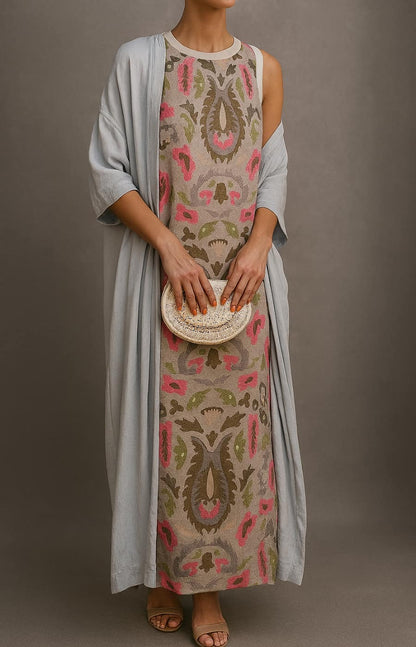 Sleeveless Printed Maxi Dress - Khaki