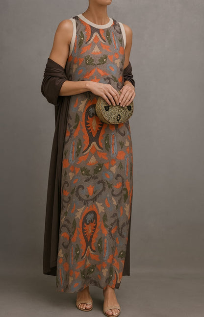 Sleeveless Printed Maxi Dress - Grey