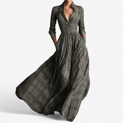 Plaid Maxi Shirt Dress - Grey