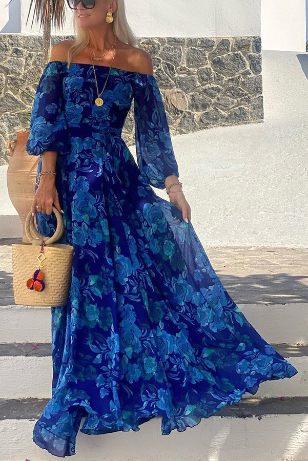 Off Shoulder Floral Maxi Dress - Blue