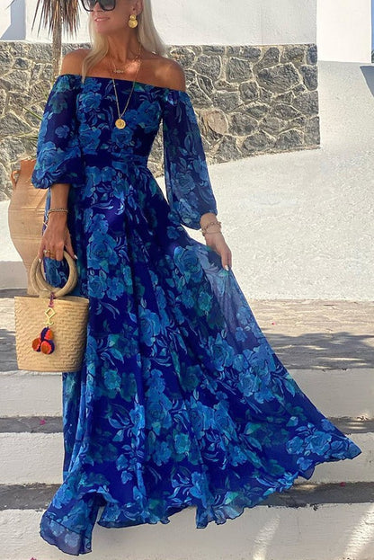 Off Shoulder Floral Maxi Dress - Blue