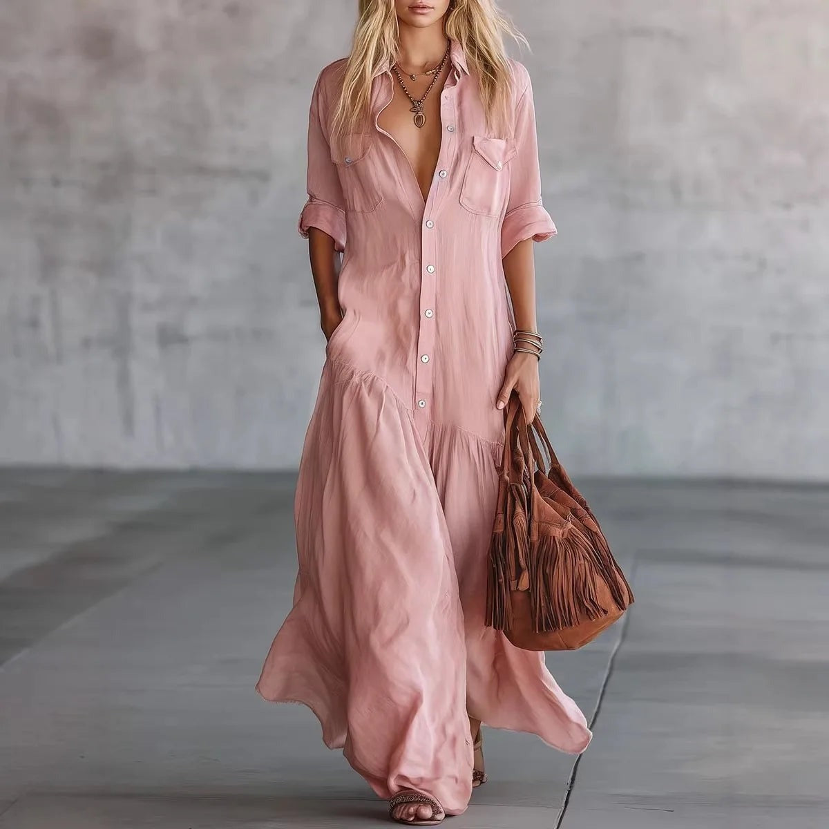 Boho V Neck Maxi Dress - Pink