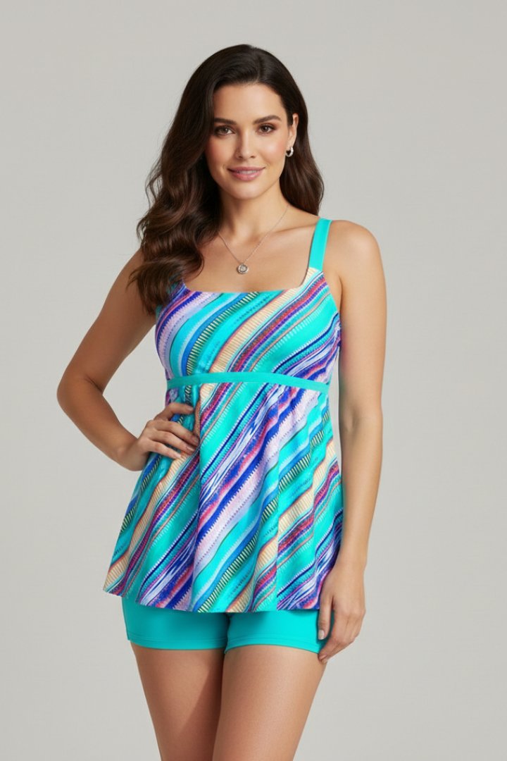 Women's Striped Square Neck Tankini Top - Blue