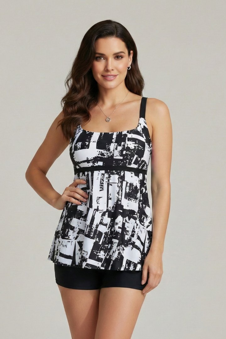 Women's Striped Square Neck Tankini Top - Black/White