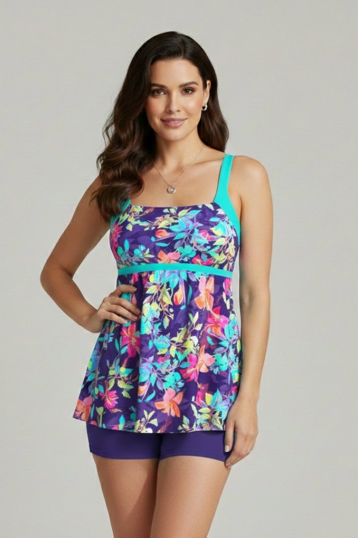 Women's Striped Square Neck Tankini Top - Purple