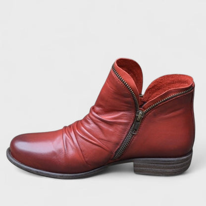 Ruched Block Heel Ankle Boots - Red