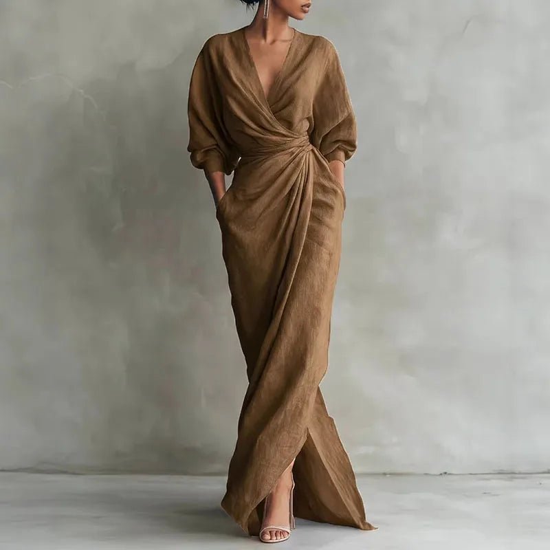 Women's V-Neck Wrap Maxi Dress - Brown