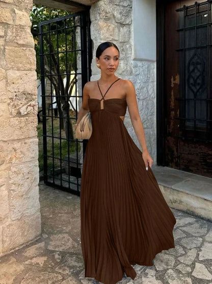 Pleated Halter Maxi Dress - Coffee
