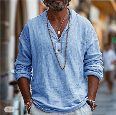 Long Sleeve Henley Shirt - Blue
