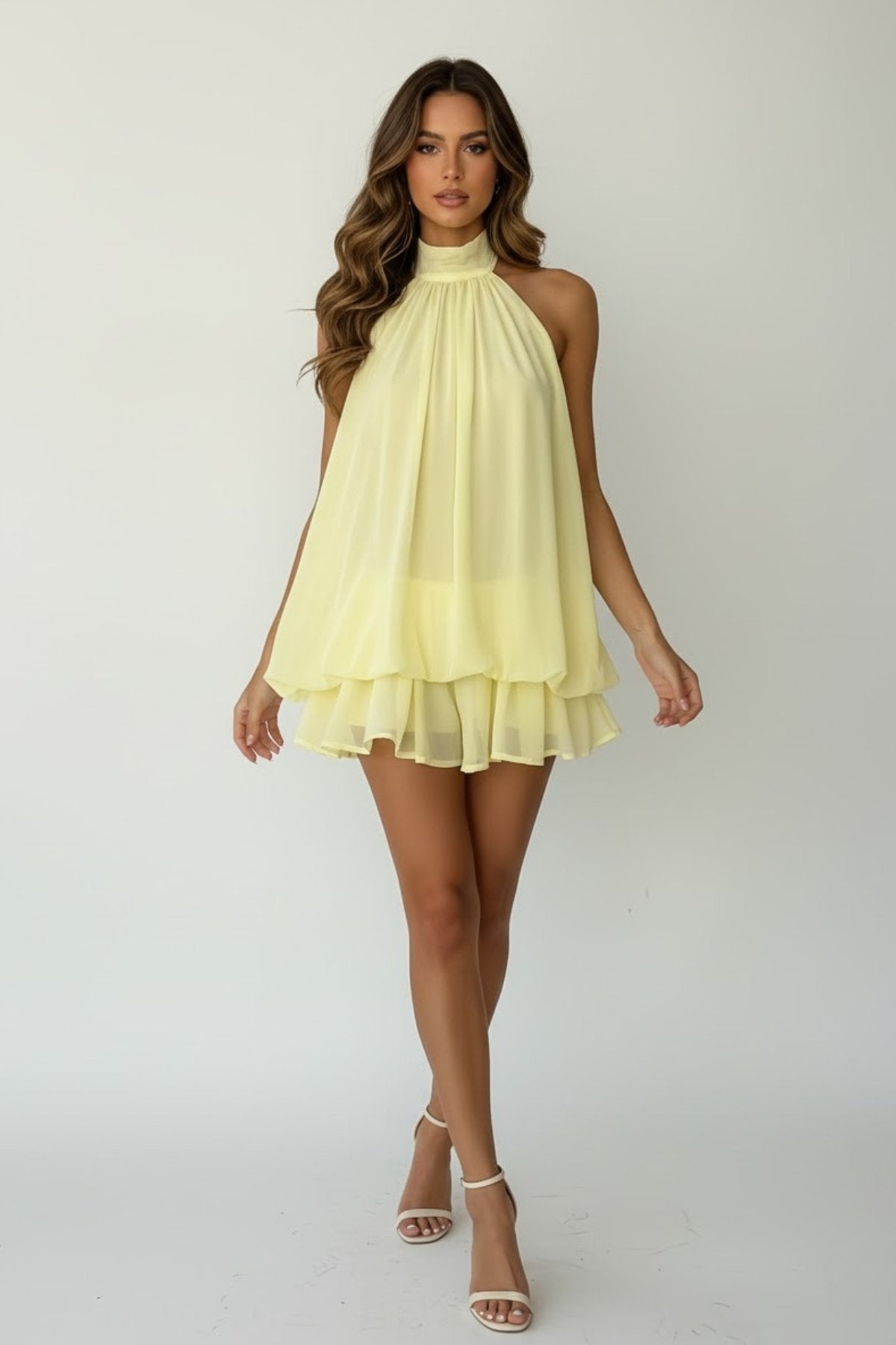 Women's Chiffon Halter Mini Dress - Lemon