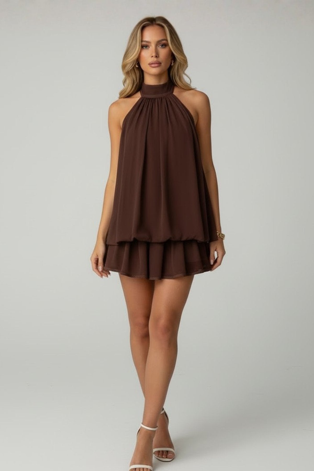 Women's Chiffon Halter Mini Dress - Brown