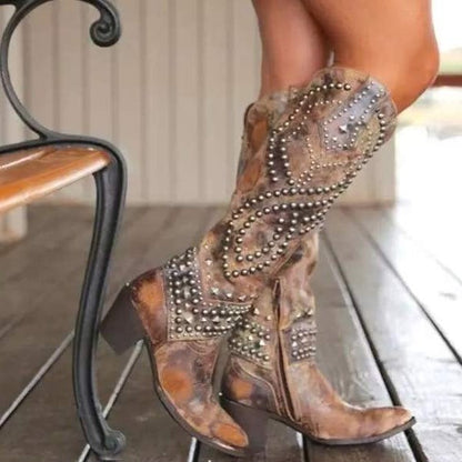 Studded Western Cowboy Boots - Brown