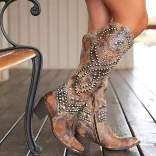 Studded Western Cowboy Boots - Brown