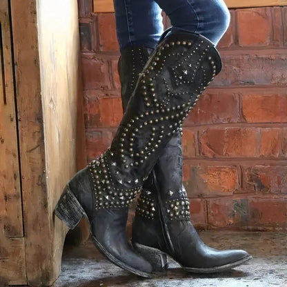 Studded Western Cowboy Boots - Black