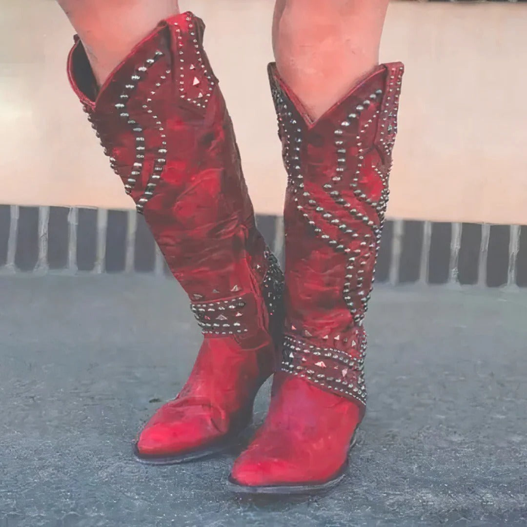 Studded Western Cowboy Boots - Red