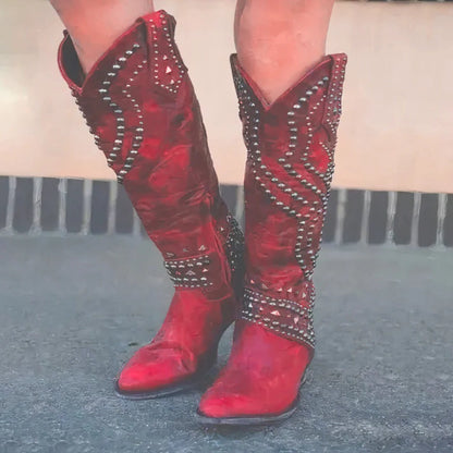 Studded Western Cowboy Boots - Red