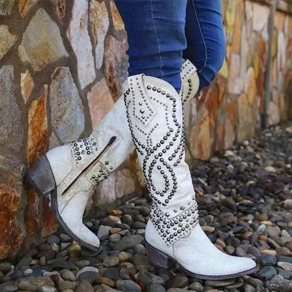 Studded Western Cowboy Boots - White