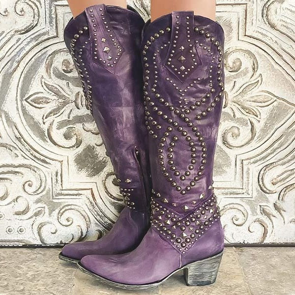 Studded Western Cowboy Boots - Purple