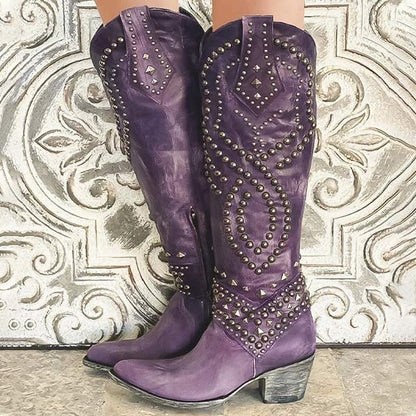 Studded Western Cowboy Boots - Purple