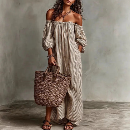Off Shoulder Striped Maxi Dress - Gray