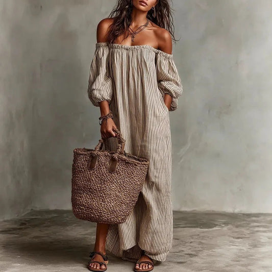 Off Shoulder Striped Maxi Dress - Gray