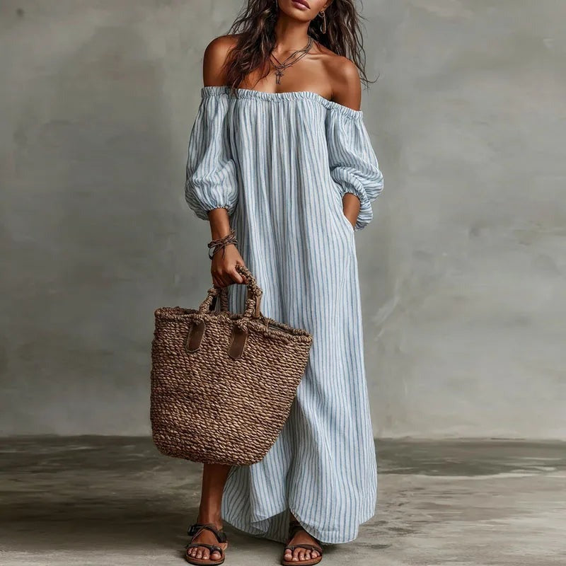Off Shoulder Striped Maxi Dress - Light Blue