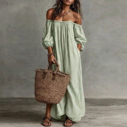 Off Shoulder Striped Maxi Dress - Light Green