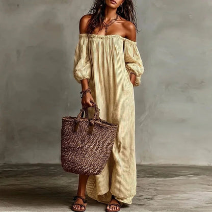 Off Shoulder Striped Maxi Dress - Yellow