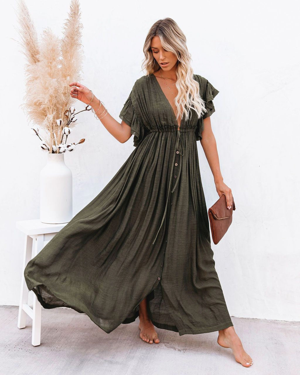 Boho Beach Maxi Dress - Army Green