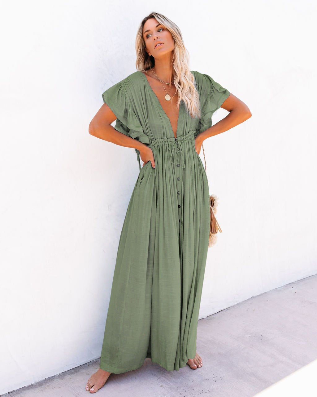Boho Beach Maxi Dress - Light Green