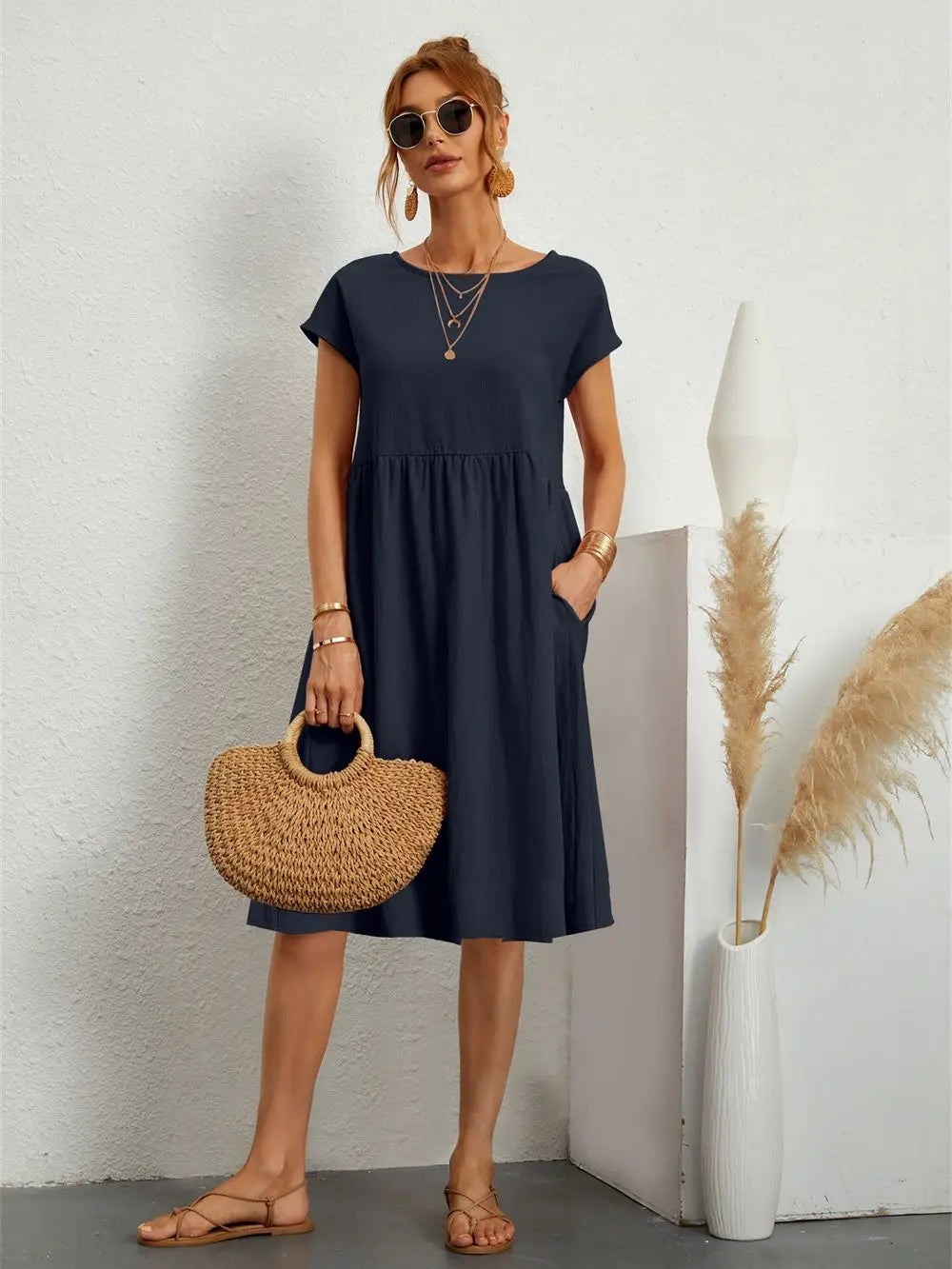 Casual Summer Midi Dress - Navy blue