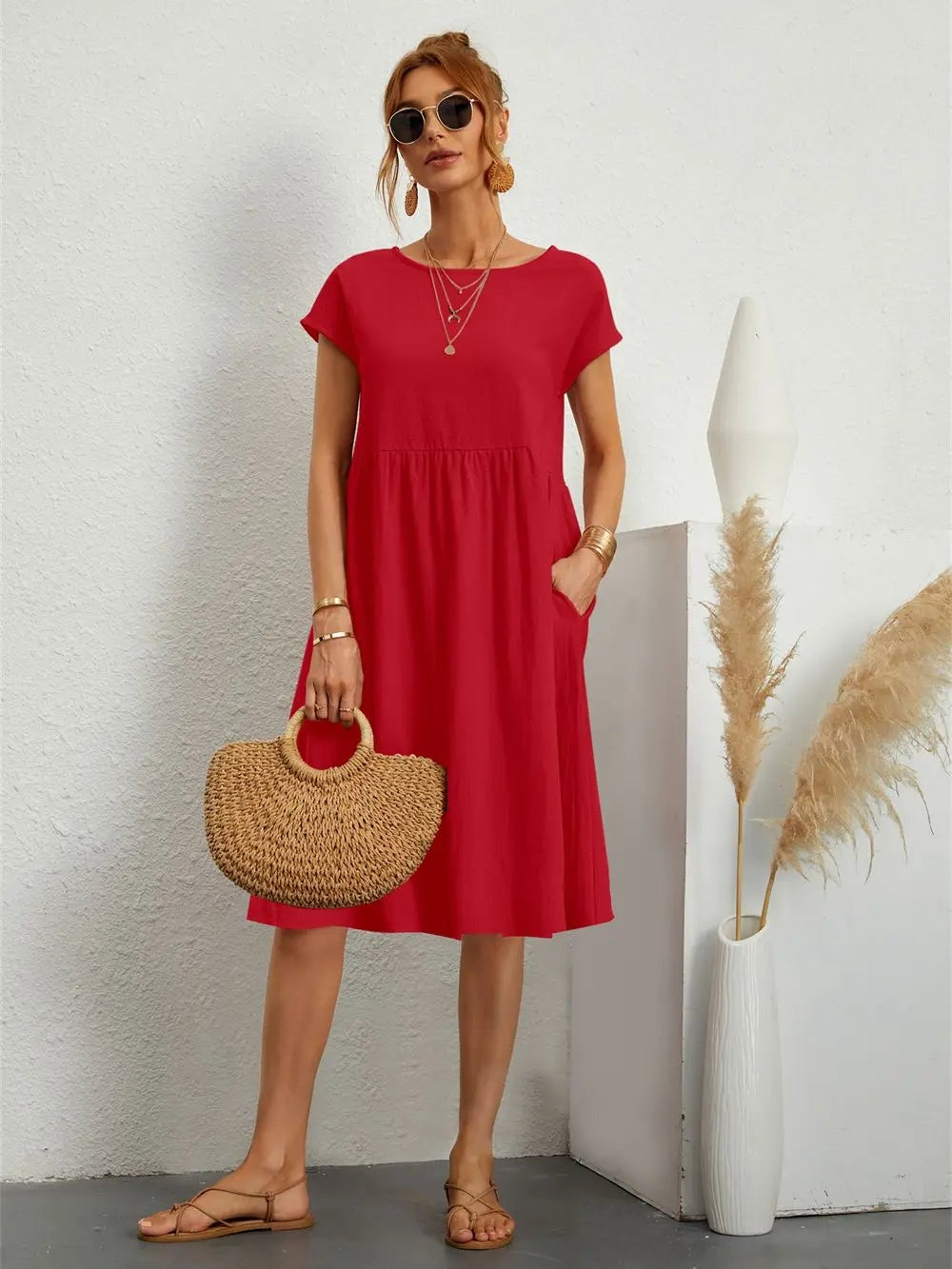 Casual Summer Midi Dress - Red