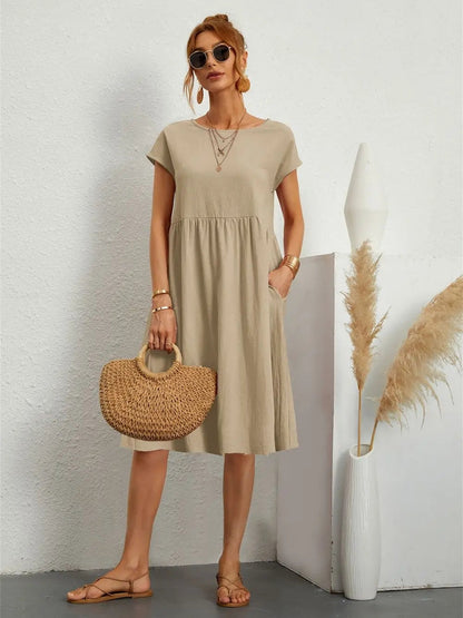 Casual Summer Midi Dress - Khaki