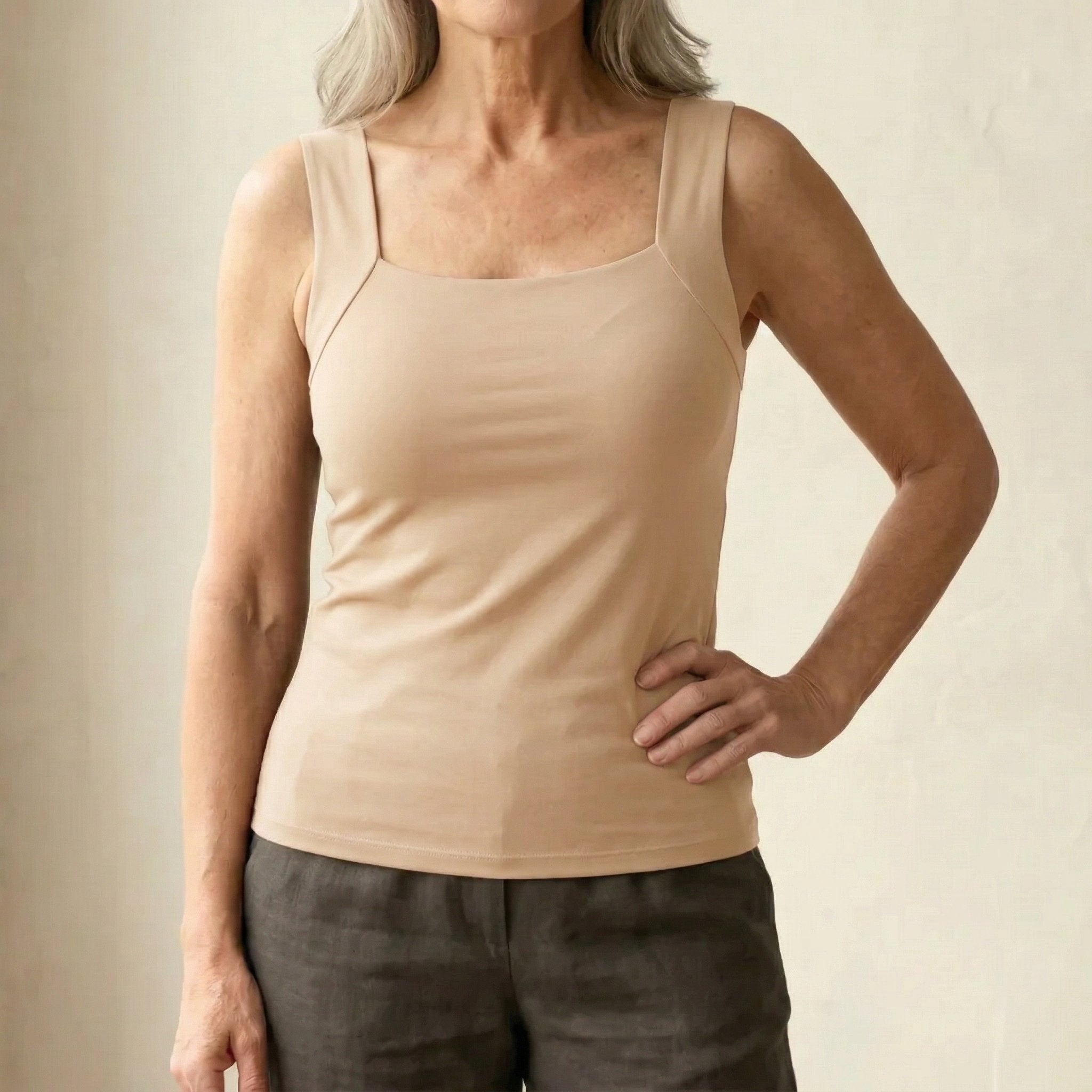 Women's Square Neck Cotton Tank Top - Beige