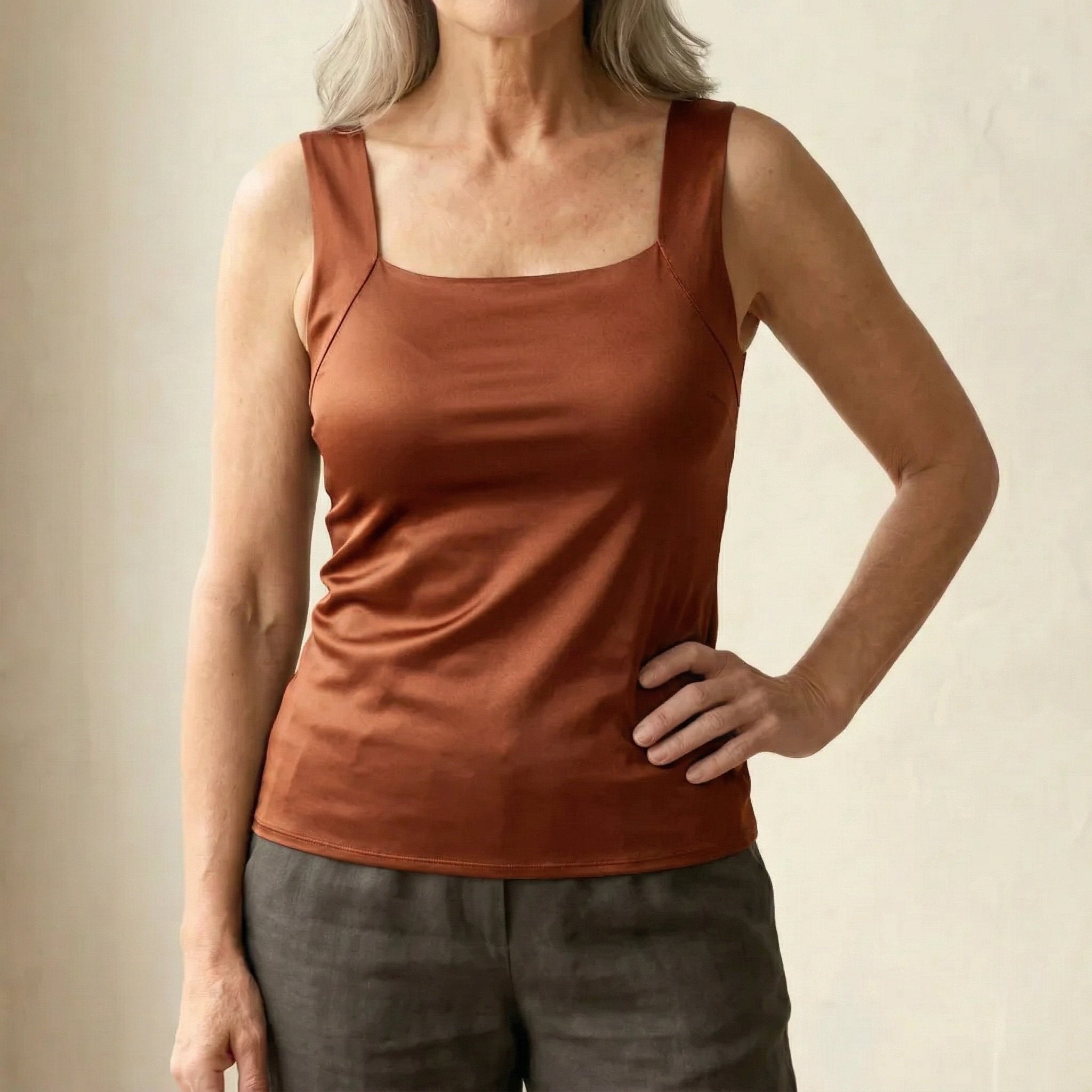 Women's Square Neck Cotton Tank Top - Coffee