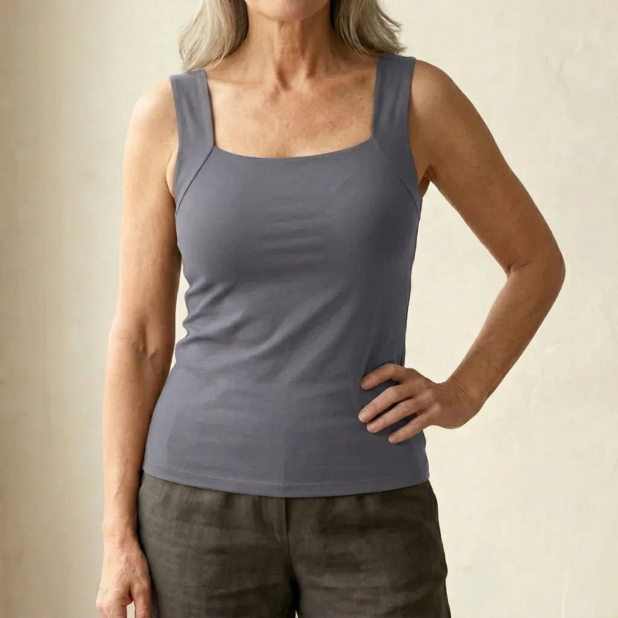 Women's Square Neck Cotton Tank Top - Taupe