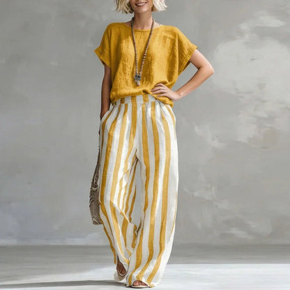 Striped Pants Two Piece Set - Yellow