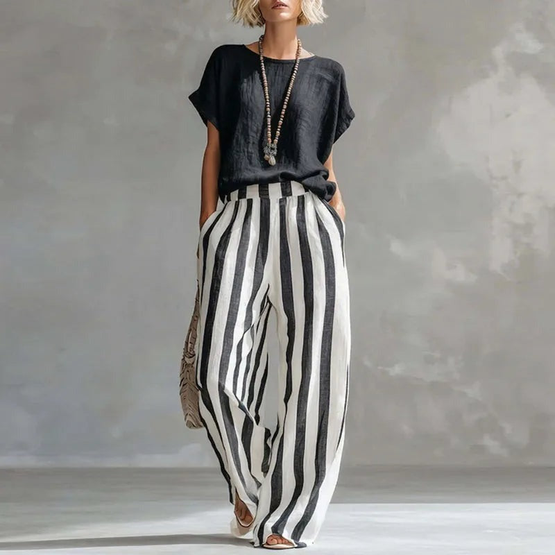 Striped Pants Two Piece Set - Black