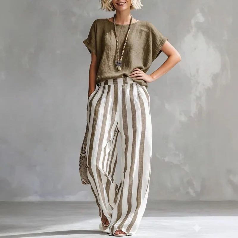 Striped Pants Two Piece Set - Khaki