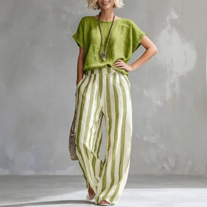 Striped Pants Two Piece Set - Green