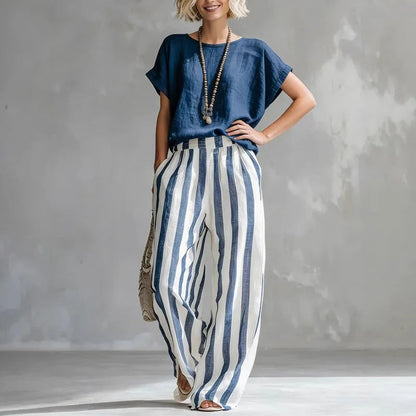 Striped Pants Two Piece Set - Dark Blue