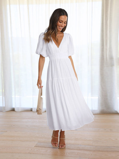 Puff Sleeve Midi Dress - White