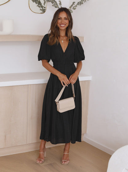 Puff Sleeve Midi Dress - Black