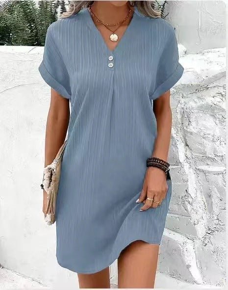 Women's V-Neck Mini Shift Dress - Blue